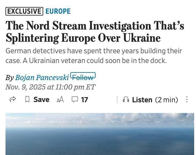 Залужный руководил подрывом &quot;Северного потока&quot; — так считает немецкое следствие, пишет The Wall Street Journal