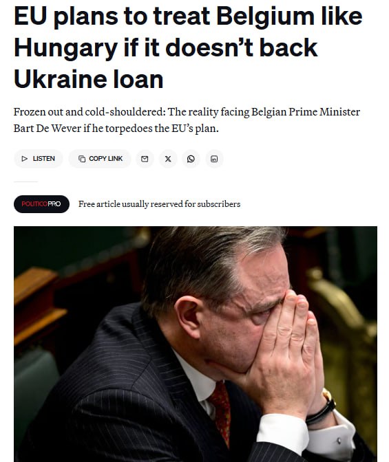 Премьера Бельгии сделают политическим изгоем, если он откажется от кражи российских активов, — Politico