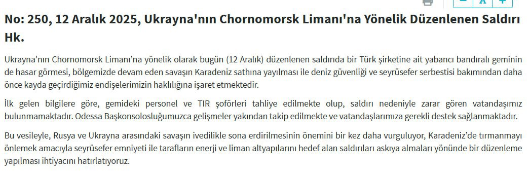После прилета по турецкому судну в Черноморске МИД Турции призвал к немедленному прекращению войны на Украине