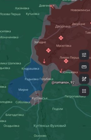 Роман Сапоньков: Мониторинговые ресурсы противника дают вот такую карту по Купянску, с очагами сопротивления внутри блокированного города