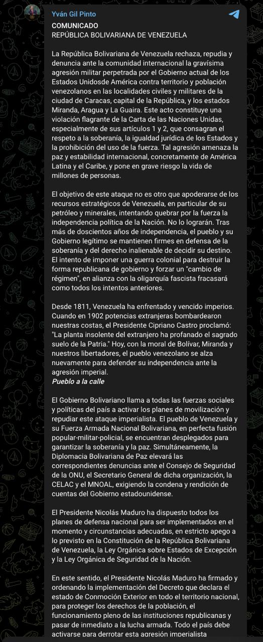 Мадуро подписал указ о введении чрезвычайного положения в связи с атакой на Венесуэлу