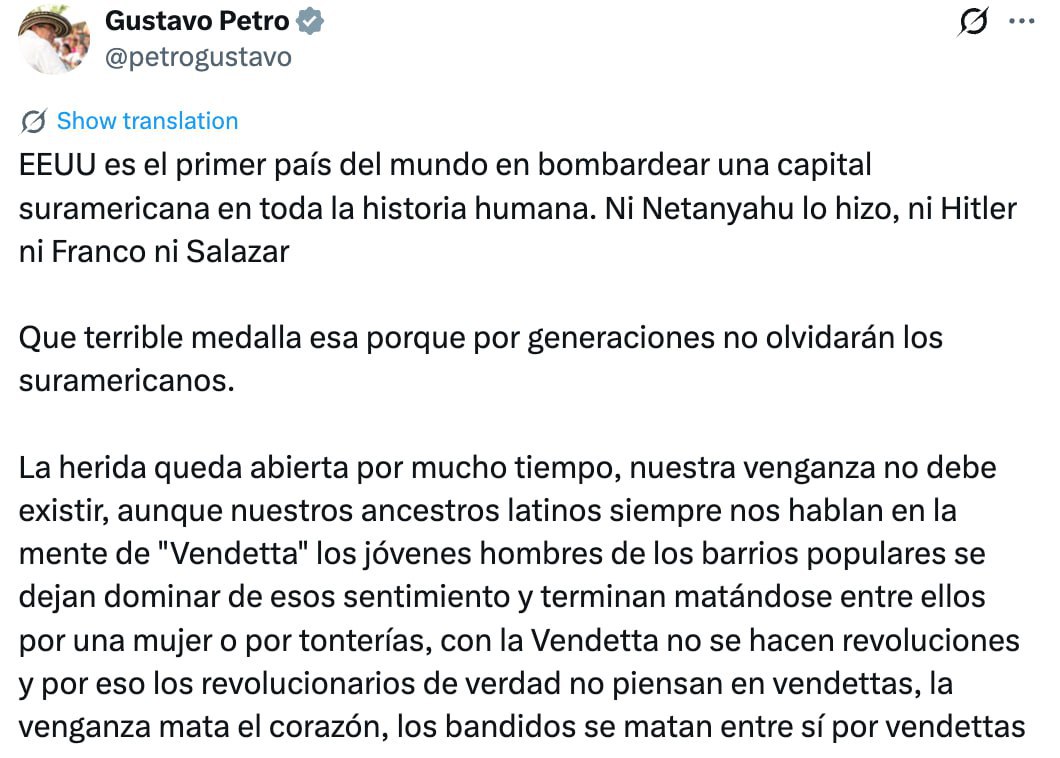 Президент Колумбии сравнил атаку США с преступлениями Гитлера и заявил, что готов взяться за оружие ради защиты страны от Штатов