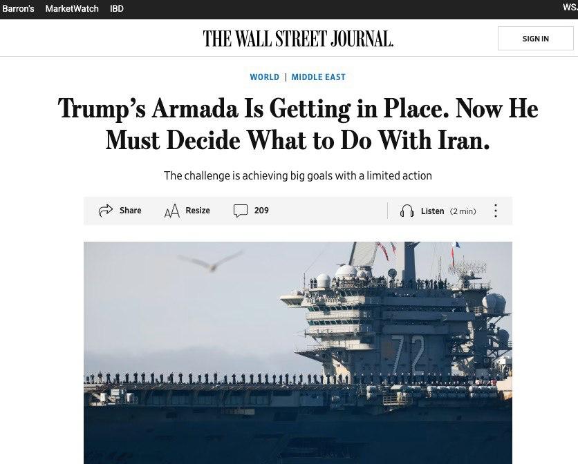 Трамп поставил задачу разработать быстрые и решительные варианты нападения на Иран, которые не приведут к затяжной войне на Ближнем Востоке — WSJ