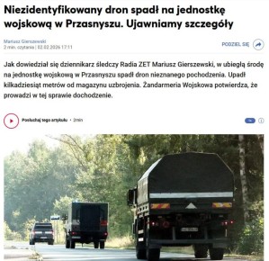 Неизвестный БПЛА упал на военной базе в Польше у складов с оружием, — Radio ZET