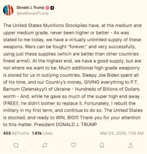 У нас практически неограниченные запасы оружия и боеприпасов — что позволяет вести войны «вечно», — на линии миротворец всея планеты Трамп
