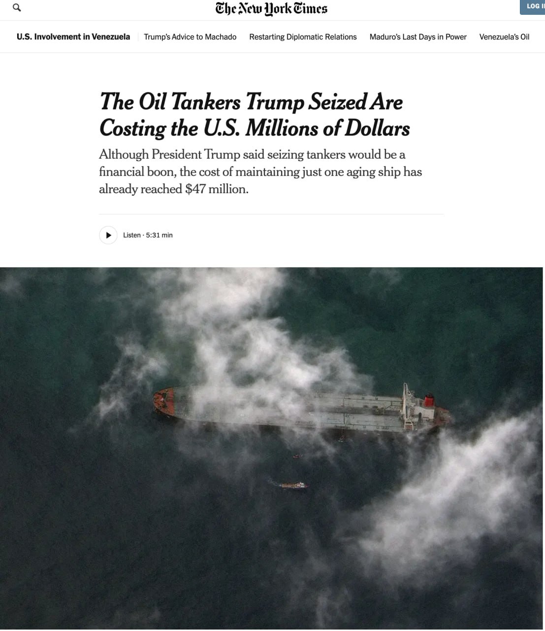 Захваченные Трампом нефтяные танкеры обходятся США в десятки миллионов долларов, — NYT