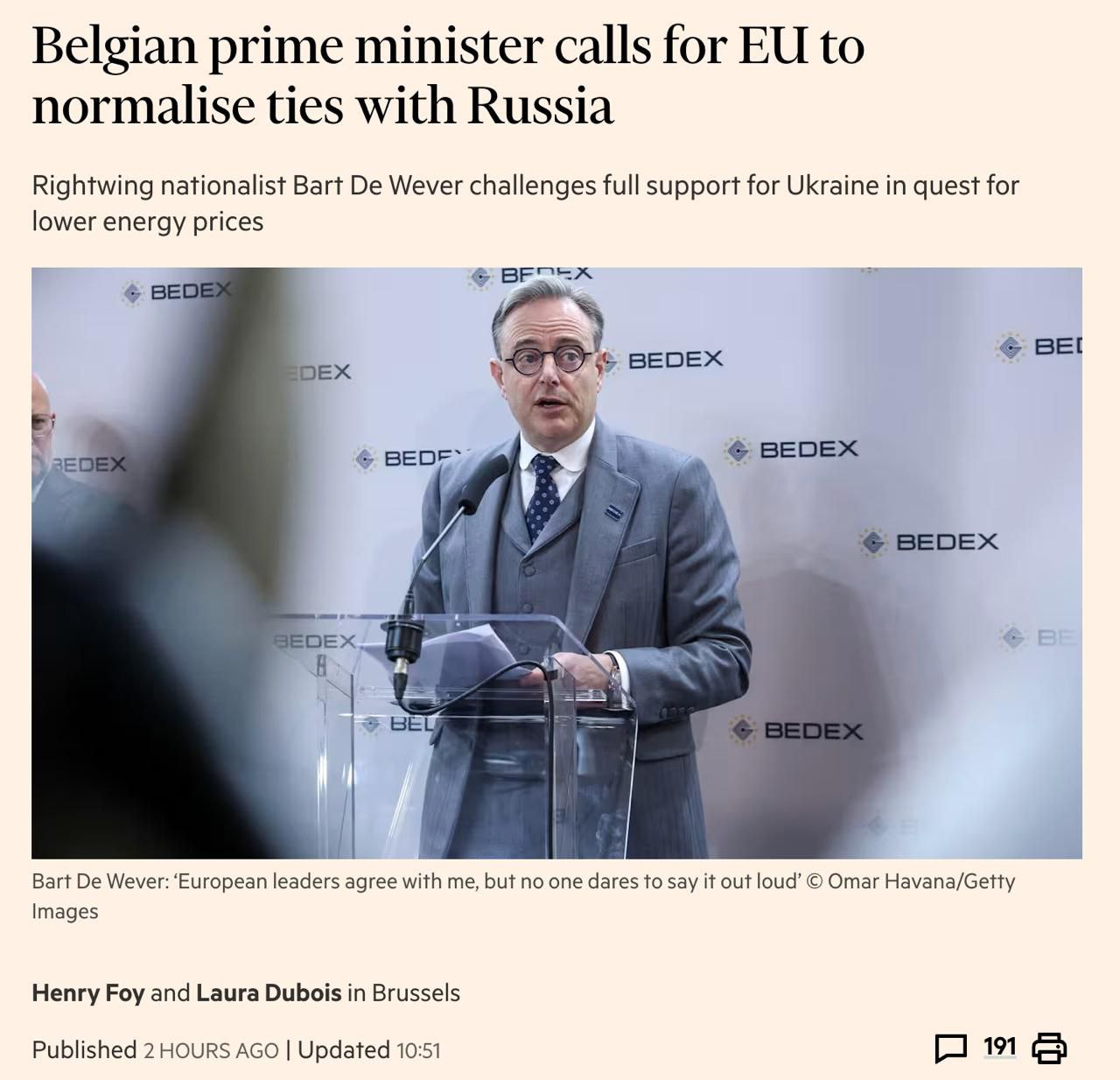 Премьер Бельгии Барт Де Вевер назвал здравым смыслом необходимость нормализовать отношения с Россией ради доступ к дешёвой энергии